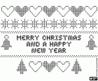 A coloring page with a design for cross-stitch embroidery with decorative Christmas elements (hearts, stars and firs) and with the text in English, Merry Christmas and a Happy New Year