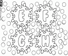 Four letters E, F, G, H of the alphabet with snowflakes, inside large ice crystals