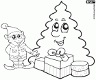 A Santa Claus elf and a Christmas tree happy with the gifts