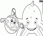 Coloring page to celebrate a Merry Christmas with Pypus and a Christmas ball, both are smiling