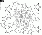 Marshall and Chase from Paw Patrol among the stars, a coloring page