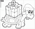 Puzzle of a turtle with Santa Claus hat and a large Christmas gift