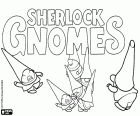 A group of gnomes with the logo of the new Gnomeo and Juliet movie, Sherlock Gnomes