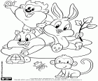 Three Baby Looney Tunes characters playing with other little animals, a monkey, a turtle, a beetle and a snail