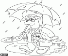 Postman Pat with his cat under the umbrella on a rainy day