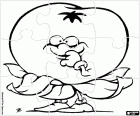Puzzle of a ripe tomato with leaves, eyes, arms and legs