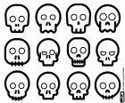 Simplified drawings of twelve different skulls for Halloween