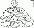 Stingy with his piggy bank under his arm sitting on a lot of balls. LazyTown