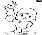 Pocoyo with fruit on his hand. Pocoyo loves fruit which is a food that provides many vitamins