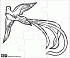 Quetzal in a puzzle, a beautiful mythological bird in pre-Columbian cultures