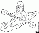 A rower in full navigation with the helmet and the double shovel in a recreational kayak