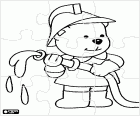 Puzzle of a bear firefighter throwing water with hose