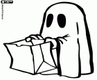 A little ghost with a bag for trick or treat, the most popular children's tradition in the US