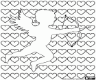 A Cupid's outline with the bow and arrow on a background of hearts, a drawing for people in love on Valentine's Day