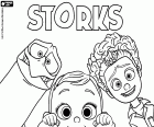 The different expressions of the faces of the three main protagonists of the film Storks. The facial expression of each character is a sample of their personality