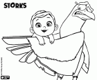 The scared stork Junior with the happy baby Diamond Destiny on its wings, the two main protagonists of the film Storks