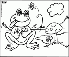 A fun wildlife scene in the pond. A frog ready with the spoon and fork to eat a flying insect