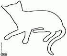 The coloring silhouette of a quiet cat in a comfortable position. The cat lies on the side with its legs extended out and its head raised.