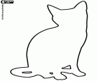 Silhouette of a cat sitting with its head cocked, seen from the front