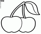 A couple of cherries freshly picked from the tree, the cherry tree. A coloring page with two cherries with the stem and a leaf