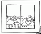 Coloring page of a window from which you can see the houses of the village neighborhood