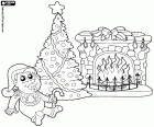 A Christmas atmosphere scene, a baby with Santa's hat next to the fireplace and the Christmas tree