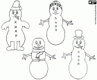 Drawing of four different snowmen for coloring. Each snowman is decorated with different accessories