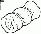 A sleeping bag, essential for scout camping. In this coloring page the sleeping bag is rolled up