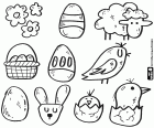 A coloring page with a collection of small Easter drawings. Flowers, Easter eggs, a lamb, a rabbit's face and chicks