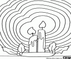 A coloring page showing how the light of two Christmas candles shines throughout the room during the Christmas holidays