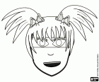 A costume mask of a naughty girl's face with a superhero mask and a hairstyle with two large bunches decorated with butterflies