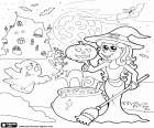 A scene from the night of October 31st, Halloween night. During this night the witch prepares her concoctions with the pumpkin and her cat. Ghosts, vampires and bats are located next to the haunted mansion near the haunted forest
