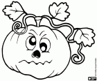 A Halloween pumpkin with cross-eyed eyes and a sullen face
