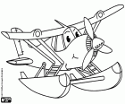 An animated small seaplane, with wide-eyed eyes and a mischievous smile