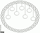 Circular Christmas wreath formed by a double braiding. Seven Christmas decorative balls hang inside