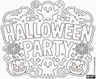 A Halloween party poster decorated with bats, pumpkins, ghosts, spiderwebs, and candy