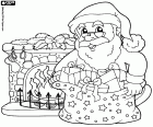 Santa Claus, presents and fireplace coloring page