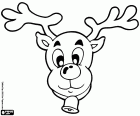 A reindeer's face with a small bell hanging from its neck, seen from the front