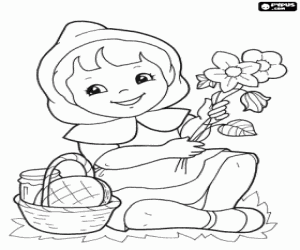 Red Riding Hood and forest flowers coloring page