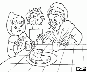 Red Riding Hood,grandmother and cake coloring page