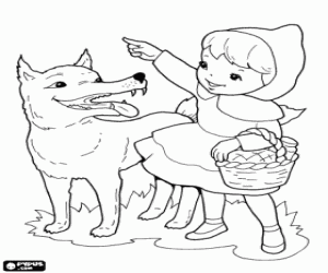 Red Riding Hood and Wolf in forest coloring page