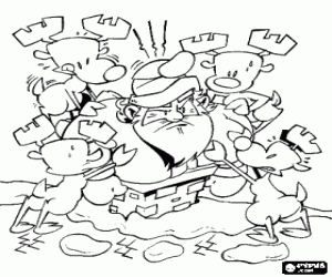 The reindeers pushing Santa Claus coloring page