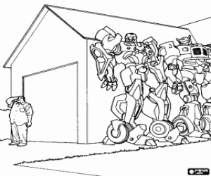 Robots Transformers and the garage coloring page