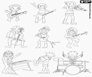 The rock band and the instruments coloring page