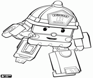 Roy the firefighter robot in action coloring page