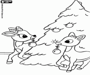 Rudolph, Clarice and Christmas tree coloring page