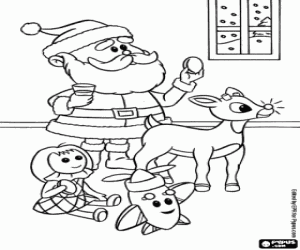 Rudolph, Santa Claus and toys coloring page