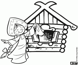 Russian young girl and little house coloring page