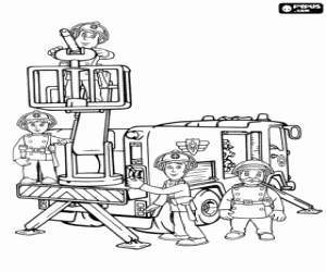 Sam and firemen with the truck coloring page