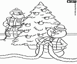 Sam and Santa decorating the fir tree coloring page